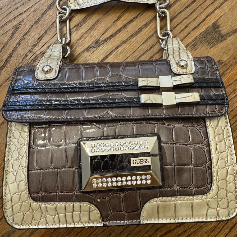 Guess Croc-Embossed Brown and Cream Satchel